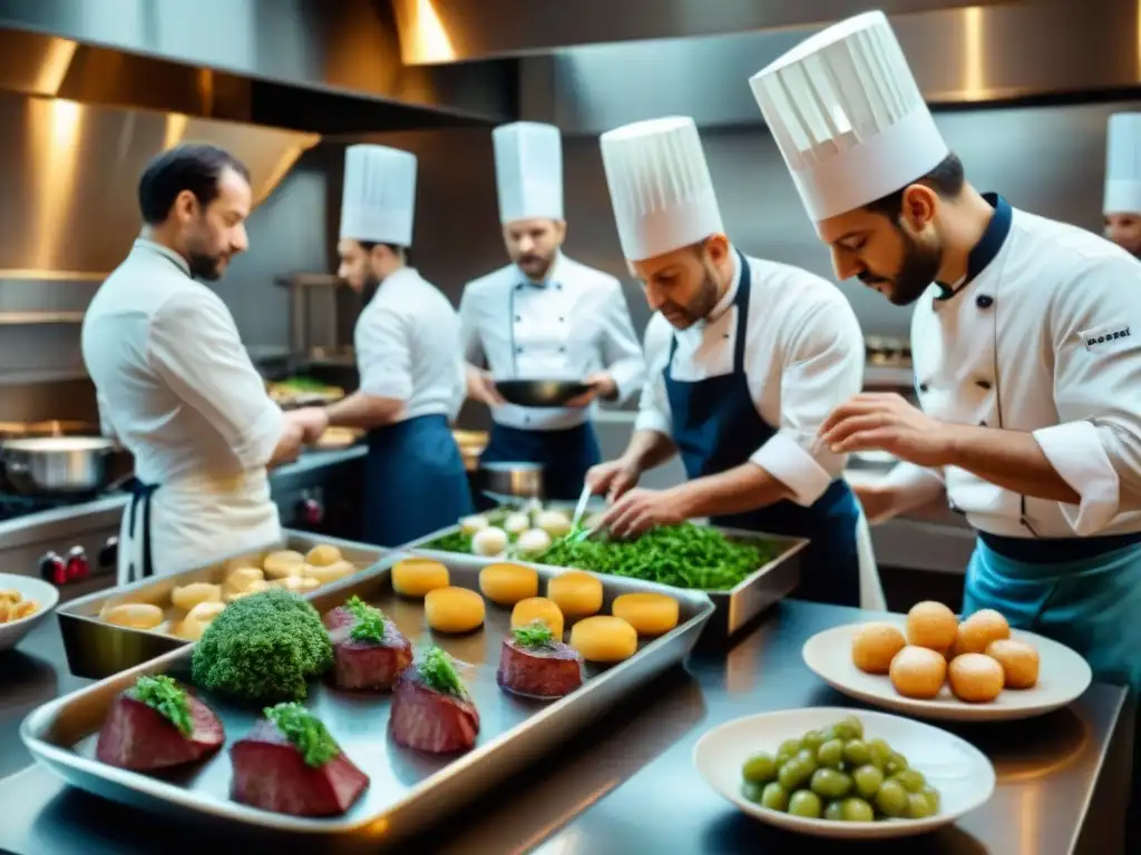 Cocina francesa: chefs, música y arte culinario Inspiradora escena en cocina francesa, chefs crean platos mientras música de Debussy y Ravel llena el aire
