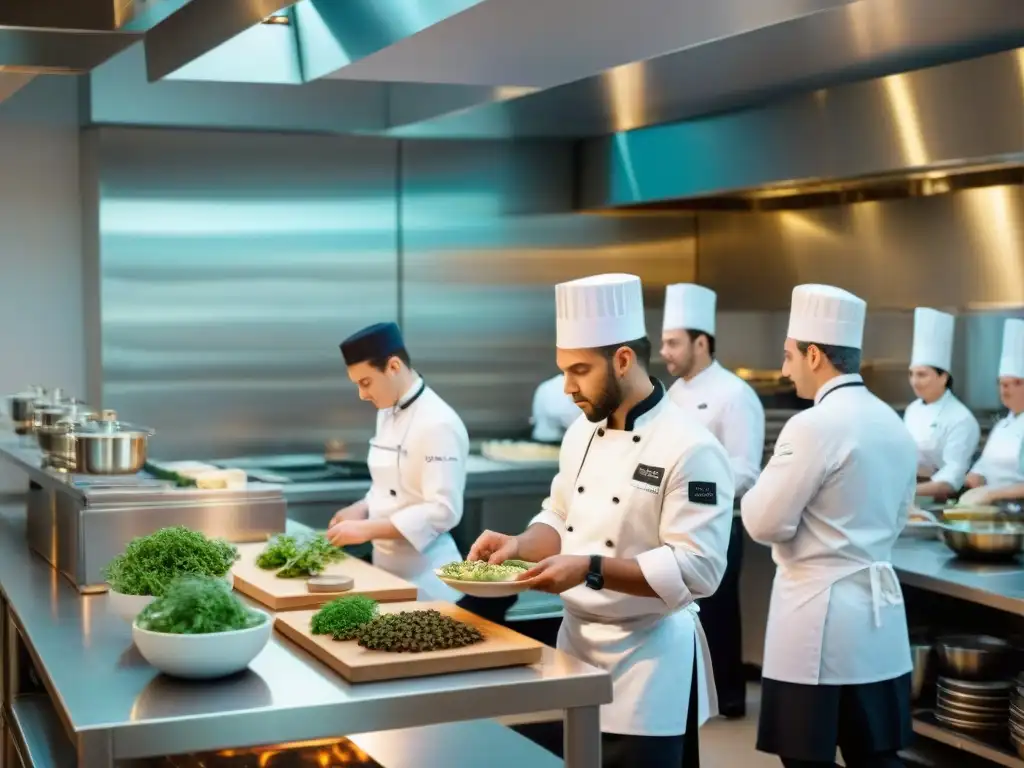 Inspiradora escena en escuela culinaria francesa, alumnos atentos a chef