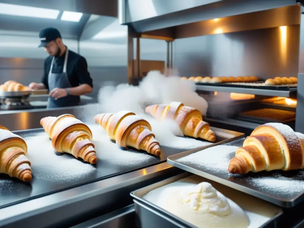 Inspiradora escena: robots hornean croissants perfectos en panadería futurista