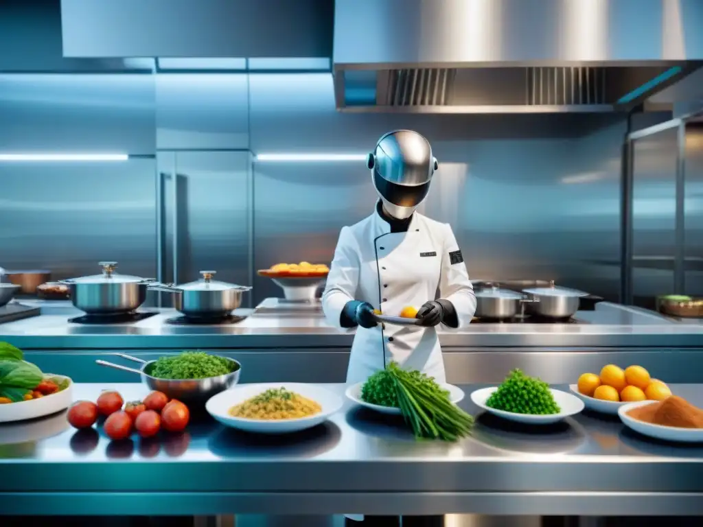 Inspiradora imagen de cocina francesa con robots personalizados preparando platos con precisión y rapidez