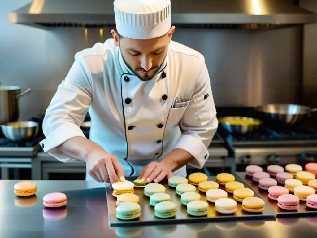 Un instructor de cocina francesa crea macarons en un estudio luminoso