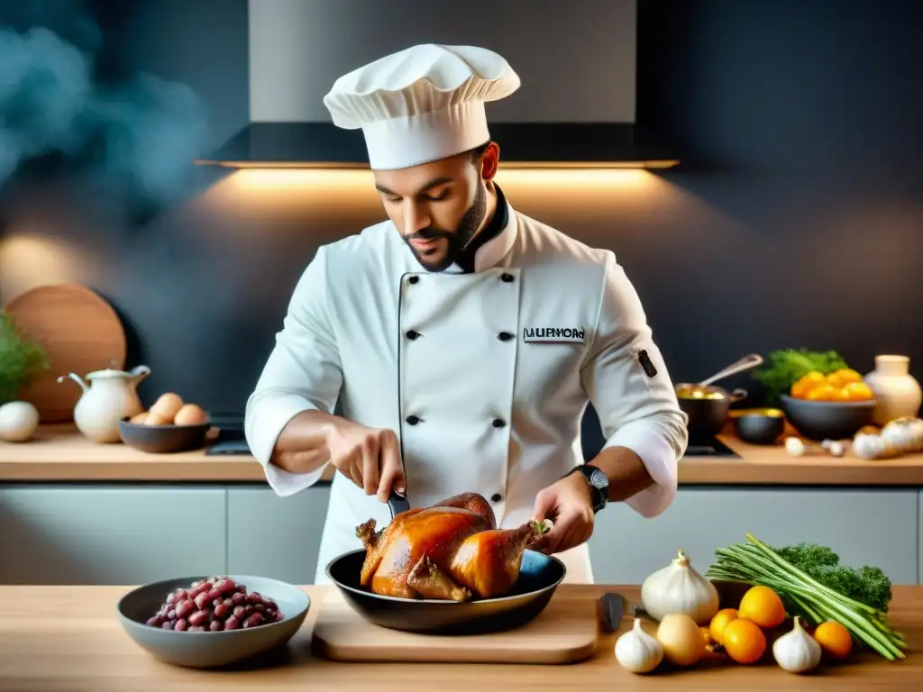 Un instructor de cocina francesa deshuesando un pollo en un curso online