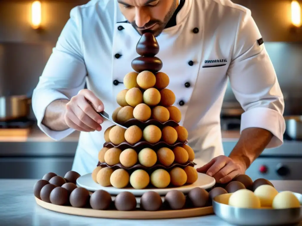 Un instructor culinario francés demuestra cómo hacer un delicado croquembouche en una cocina bulliciosa