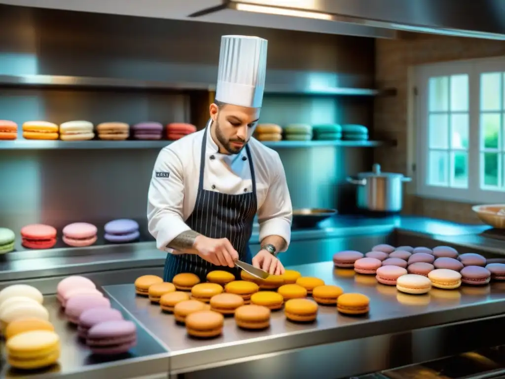 Un instructor culinario francés experto enseña a hacer macarons en una cocina tradicional