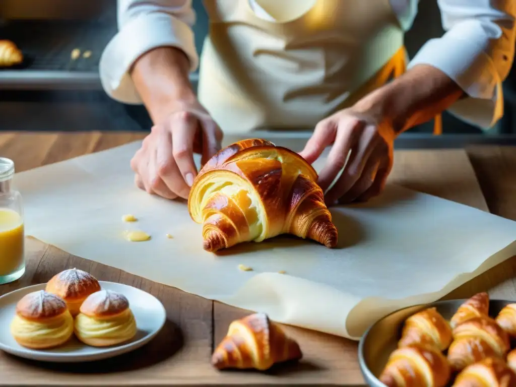 Un instructor culinario francés experto enseñando a hacer croissants en una panadería tradicional