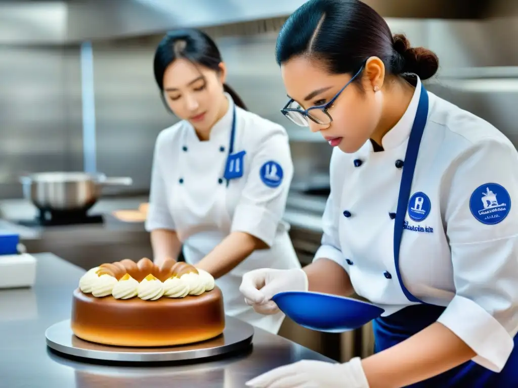 Una instructora de Le Cordon Bleu guía a estudiantes en la decoración de un pastel