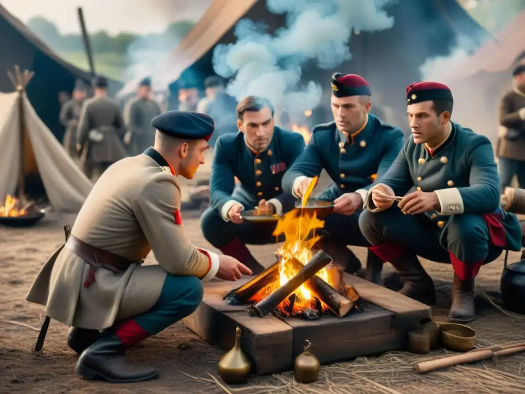 Intensa representación de cocina francesa en películas bélicas: soldados franceses cocinan coq au vin alrededor de una fogata