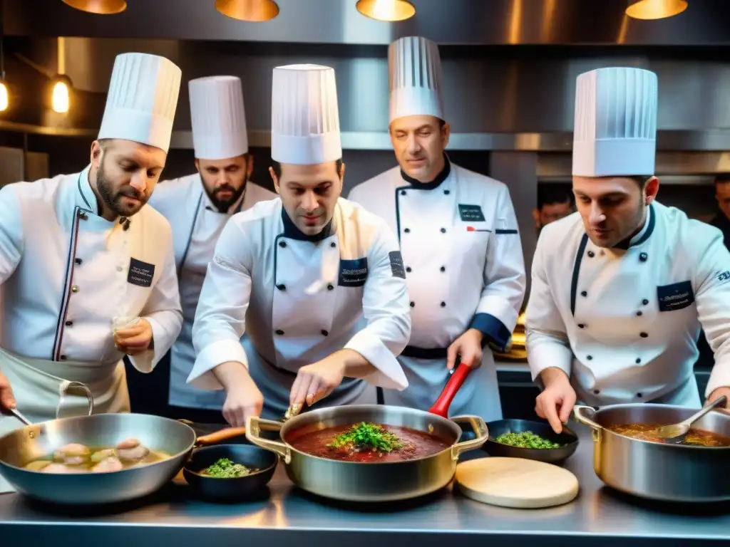 Intensa competencia culinaria en cocina francesa, chefs preparan platos clásicos como coq au vin y boeuf bourguignon