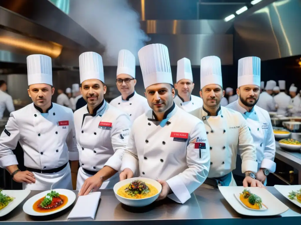 Intensa competencia culinaria francesa en París: chefs preparando exquisitos platos bajo la mirada de jueces, en un ambiente lleno de emoción y arte