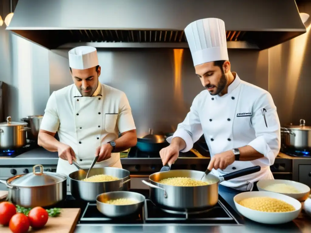 Intensa escena en cocina parisina con chefs francés e italiano preparando risotto cremoso