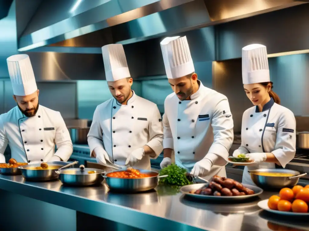 Intensa escena en una cocina profesional con chefs preparando platos franceses clásicos