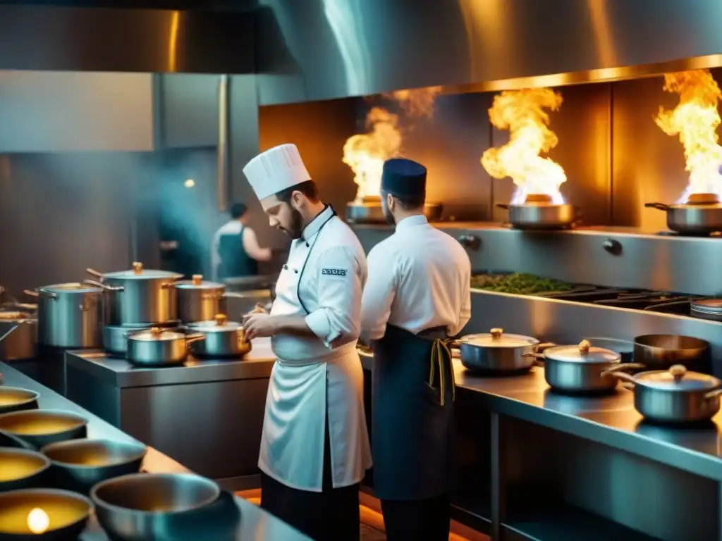 Intensa noche en la cocina de un restaurante Estrella Michelin en Francia, chefs preparando exquisitos platos