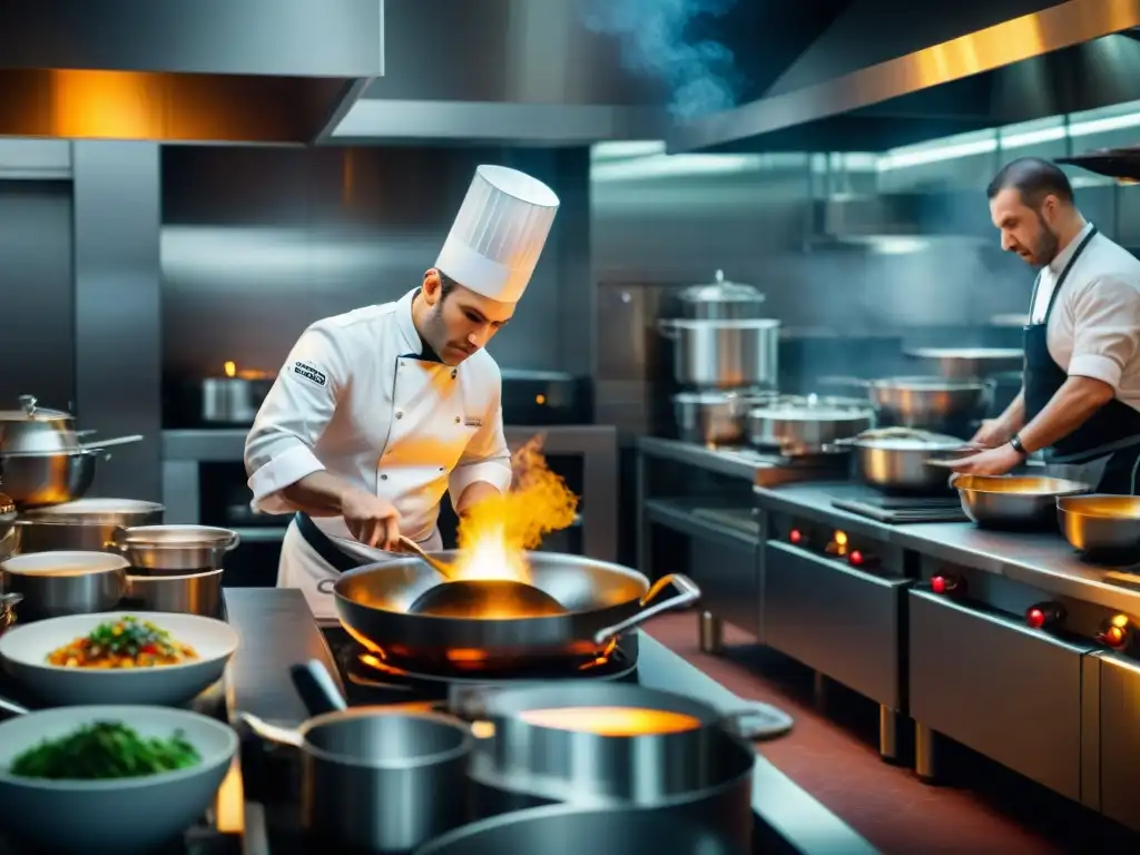 Intensa noche en un restaurante Estrella Michelin en Francia: chefs plasman arte culinario en cocina bulliciosa