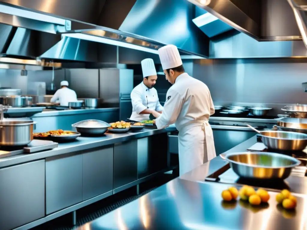 Intenso ambiente en cocina de restaurante Michelin con chefs preparando platos