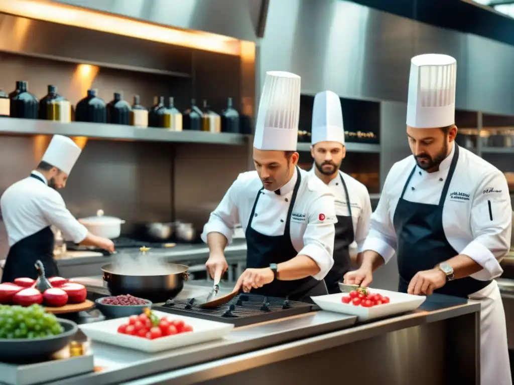 Un intenso concurso de cocina con vino, chefs elegantes y una escena culinaria vibrante