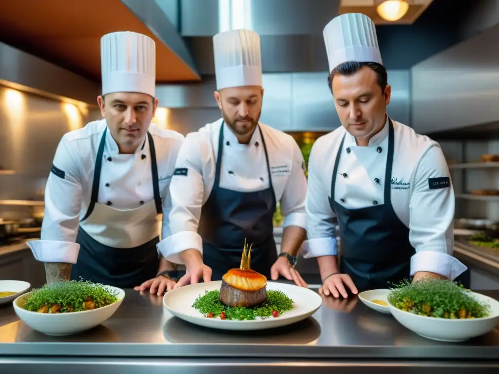 Intenso concurso culinario de cocina francesa, chefs compitiendo en platos sofisticados bajo la mirada atenta de jueces de renombre