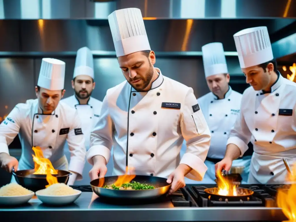 Intenso concurso gastronómico en Francia: chefs sudorosos plasmando exquisitos platos mientras jueces observan atentamente