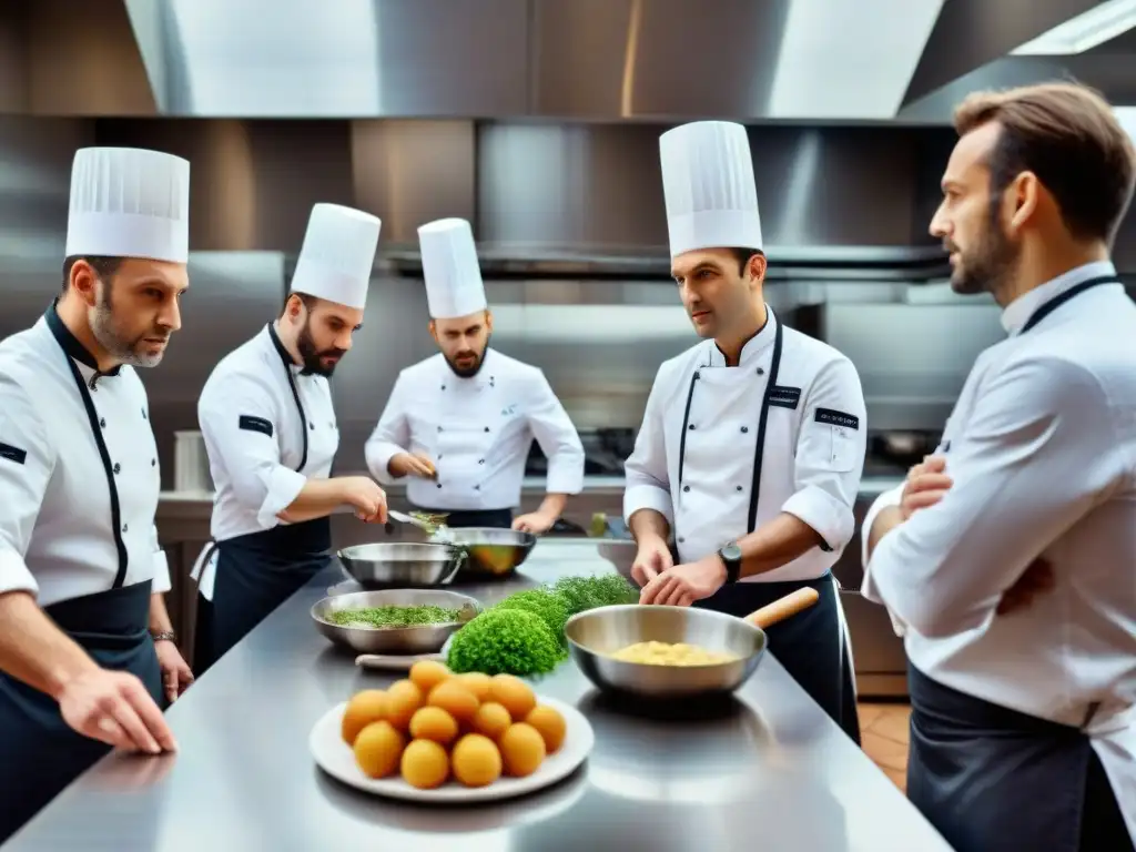 Intenso debate entre chefs franceses en concurso gastronómico, reflejando determinación y creatividad