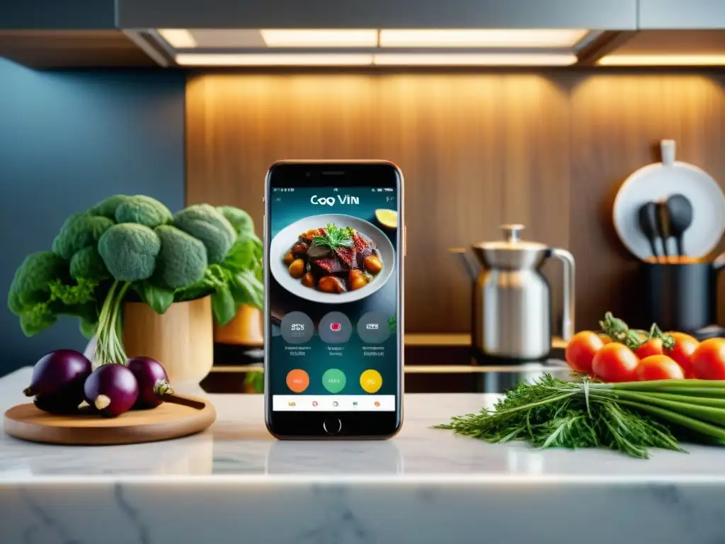 Interfaz de app de cocina francesa en smartphone con recetas y tecnología innovadora en cocina moderna