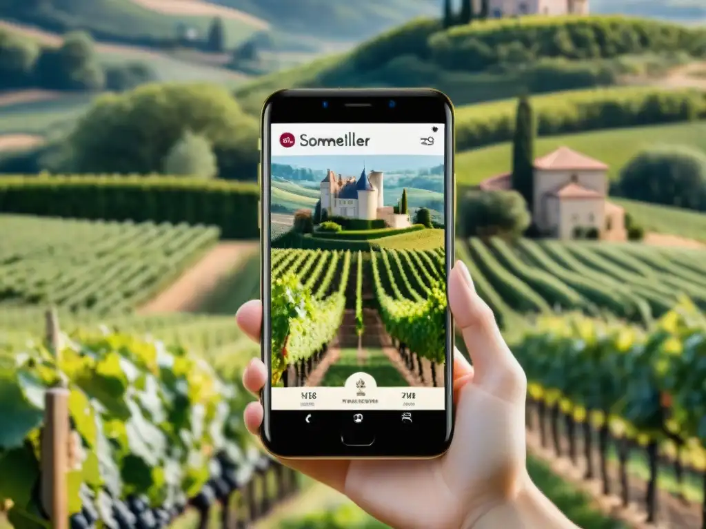 Interfaz de app sommelier virtual con diseño elegante y viñedo francés, para amantes de vinos franceses