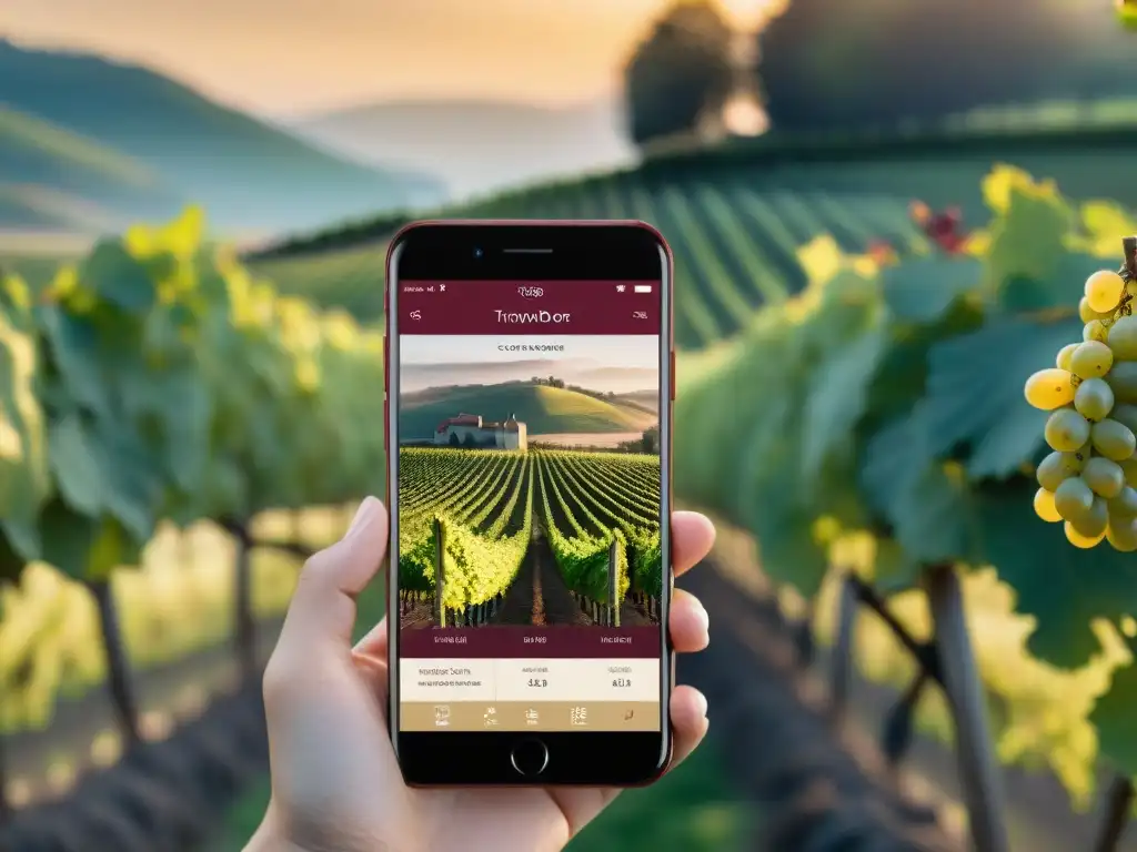 Interfaz de app sommelier virtual en smartphone con selección de vinos franceses