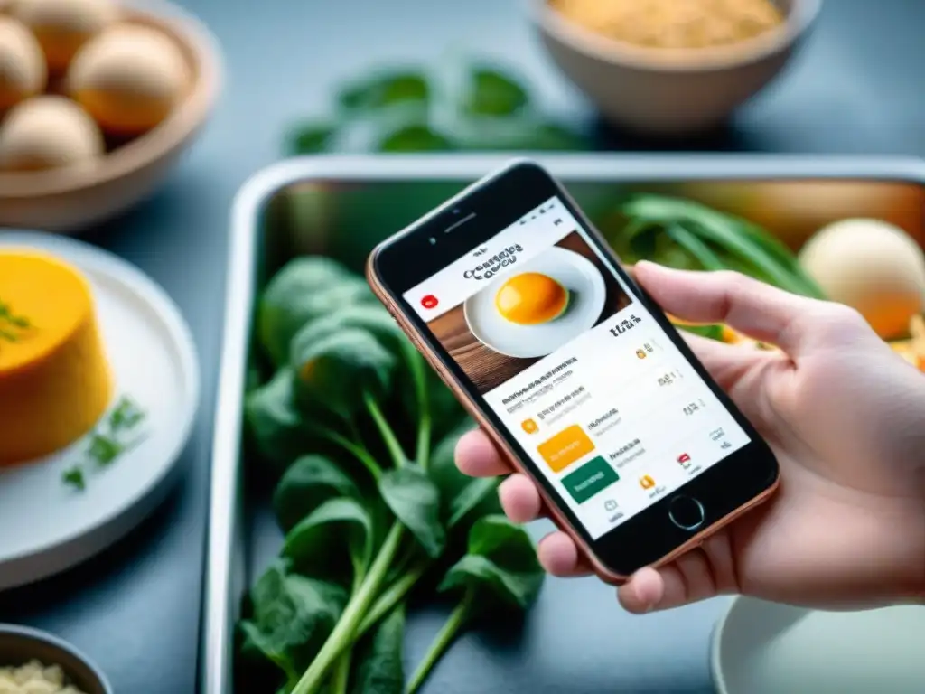 Interfaz elegante de app para preparar recetas francesas con categorización, sustitución de ingredientes y pasos detallados