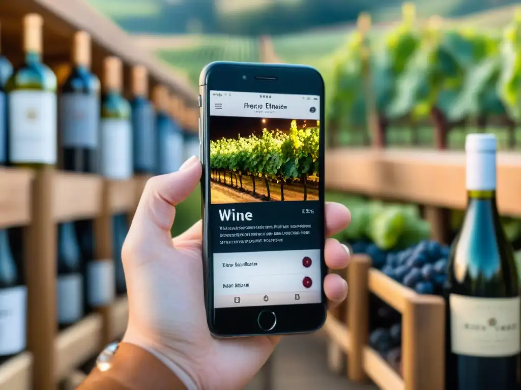 Interfaz elegante de app de vinos con bodega de fondo