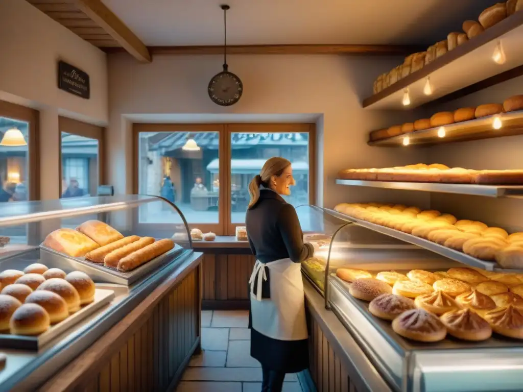 Interior detallado de una panadería francesa tradicional en un pueblo, con artesanos elaborando Galette des Rois