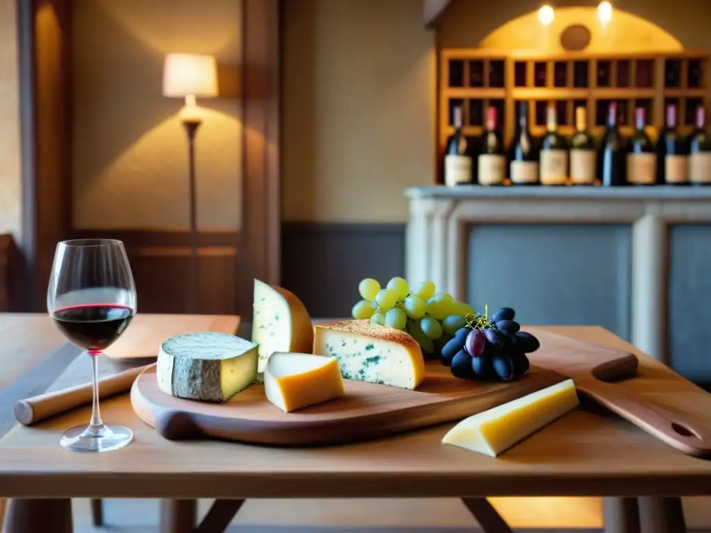 Interior detallado de restaurante francés con vinos y quesos premium, iluminación cálida