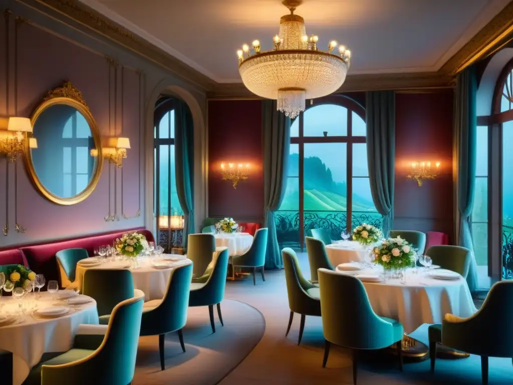 Interior elegante de un restaurante Estrella Michelin en Francia con mesas meticulosamente decoradas y ambiente sofisticado