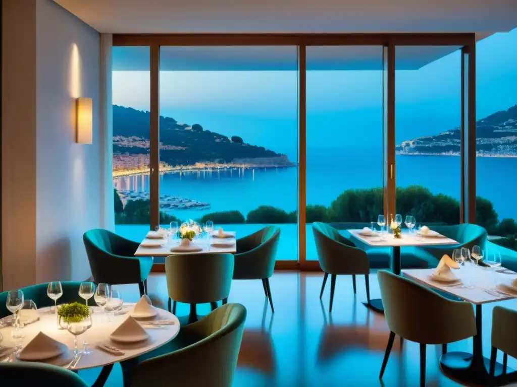 Interior elegante del restaurante Mirazur en la Riviera Francesa, con decoración minimalista, vista al mar y ambiente sofisticado