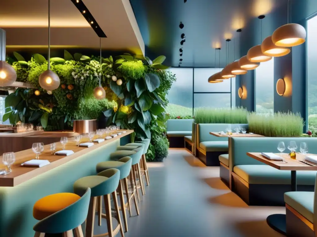 Interior de restaurante francés sostenible e innovador con diseño ecochic y elementos ecológicos