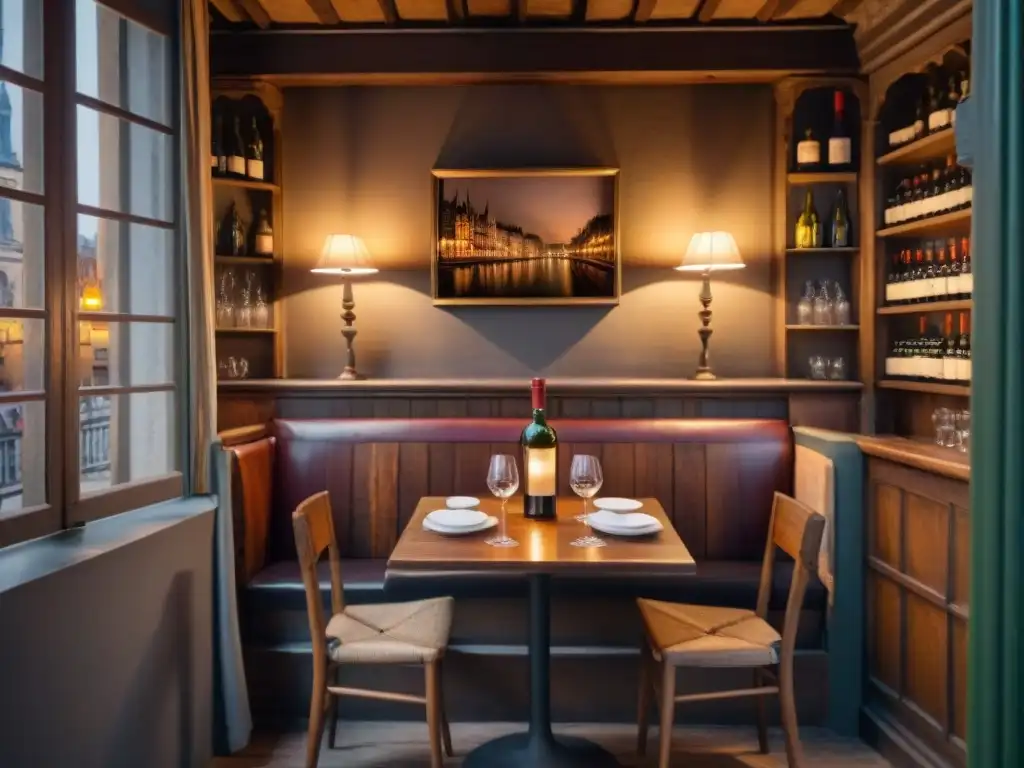 Bistró secreto en Rouen: Ambiente acogedor con luz cálida Un rincón íntimo en un bistró secreto del corazón de Rouen: mesa para dos con velas, decoración vintage y estantes llenos de vino