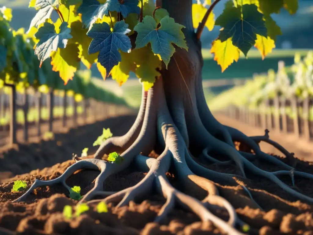 Intrincadas raíces se entrelazan en suelos rocosos de viñedo francés, mostrando la influencia del terroir en vinos tintos