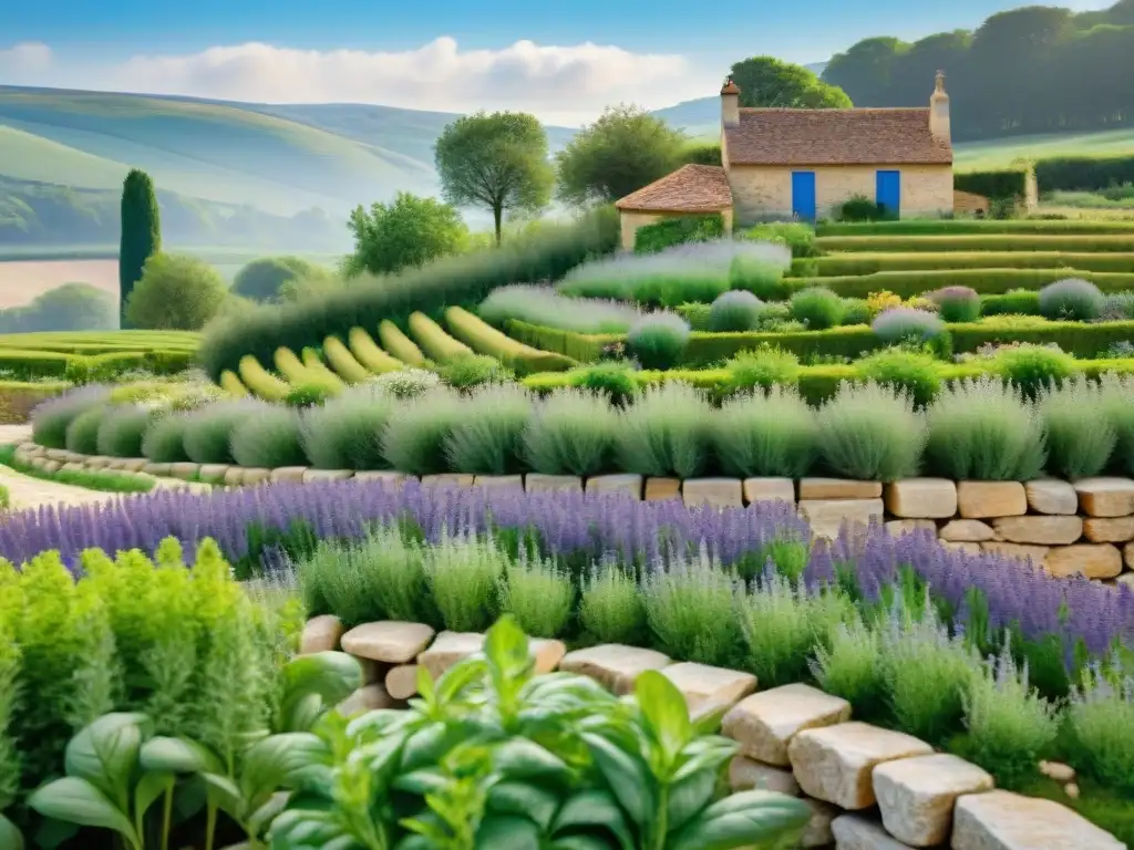 Un jardín de hierbas aromáticas en la campiña francesa, con abejas polinizando flores y un letrero en francés