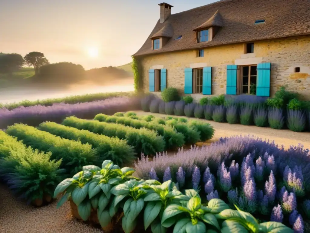 Un jardín de hierbas aromáticas en la campiña francesa con filas de albahaca, lavanda, tomillo y romero bajo el sol