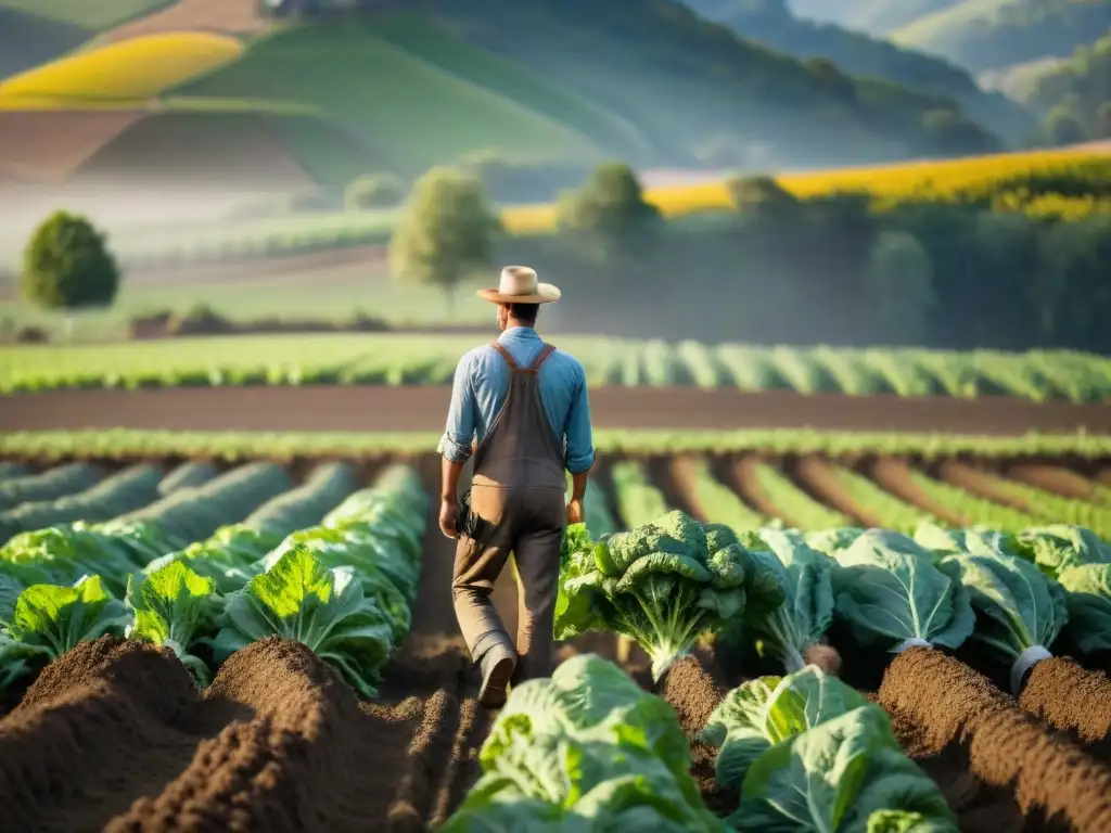 Un joven agricultor francés dedicado cuidando su huerto orgánico bajo el sol, reflejando la sostenibilidad y tradición agrícola