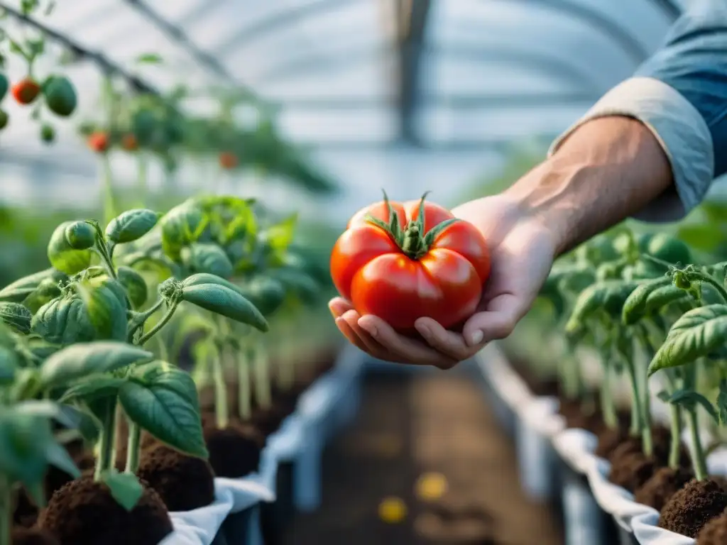 Un joven agricultor francés inspecciona tomates en invernadero, mostrando sostenibilidad en la agricultura