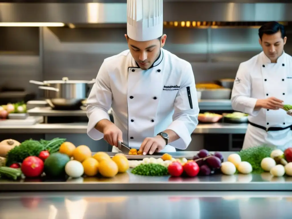 Joven aprendiz en cocina de Guy Savoy, corta ingredientes frescos bajo supervisión del chef