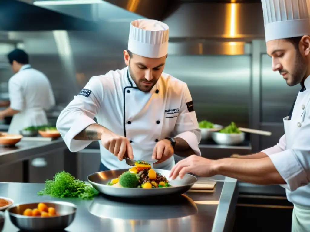 Un joven chef amateur francés competitivo concentrado plato con precisión en una cocina profesional