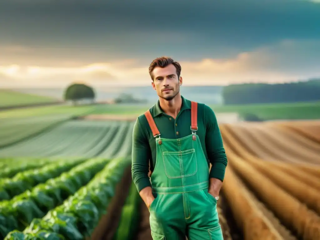 Jóvenes agricultores franceses practicando sostenibilidad en el campo con cosechas variadas y un granero rústico