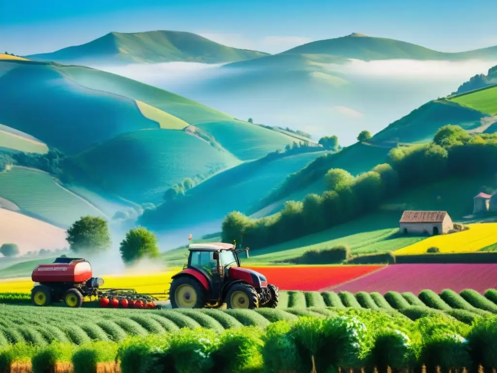 Jóvenes agricultores franceses practicando sostenibilidad en una granja colorida bajo el cielo azul