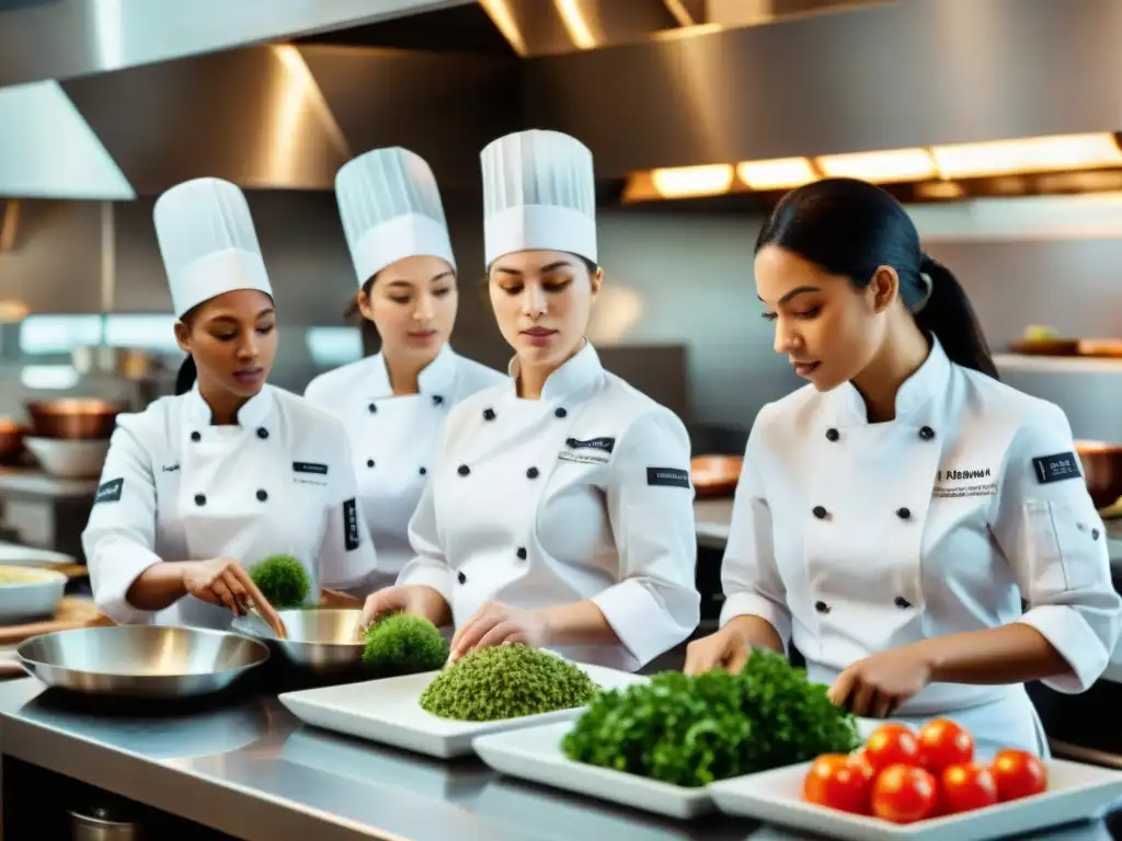 Jóvenes estudiantes culinarias en acción en una escuela francesa, demostrando innovaciones culinarias en escuelas francesas