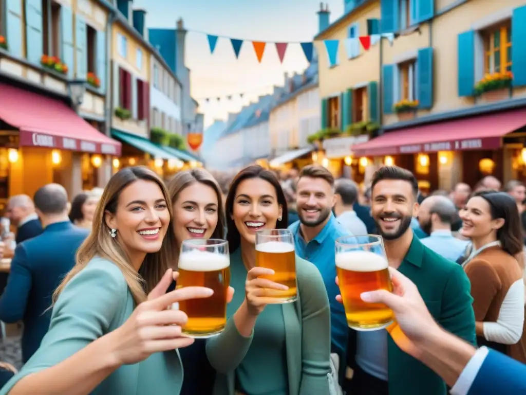 Jóvenes brindando en festival de cerveza artesanal en Francia