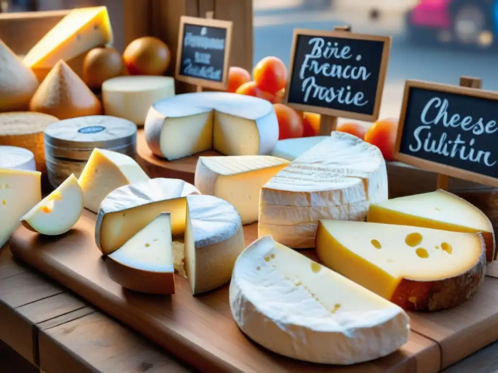 Una joya culinaria de Francia: Detalle de un puesto de mercado francés con variedad de quesos Brie artesanales