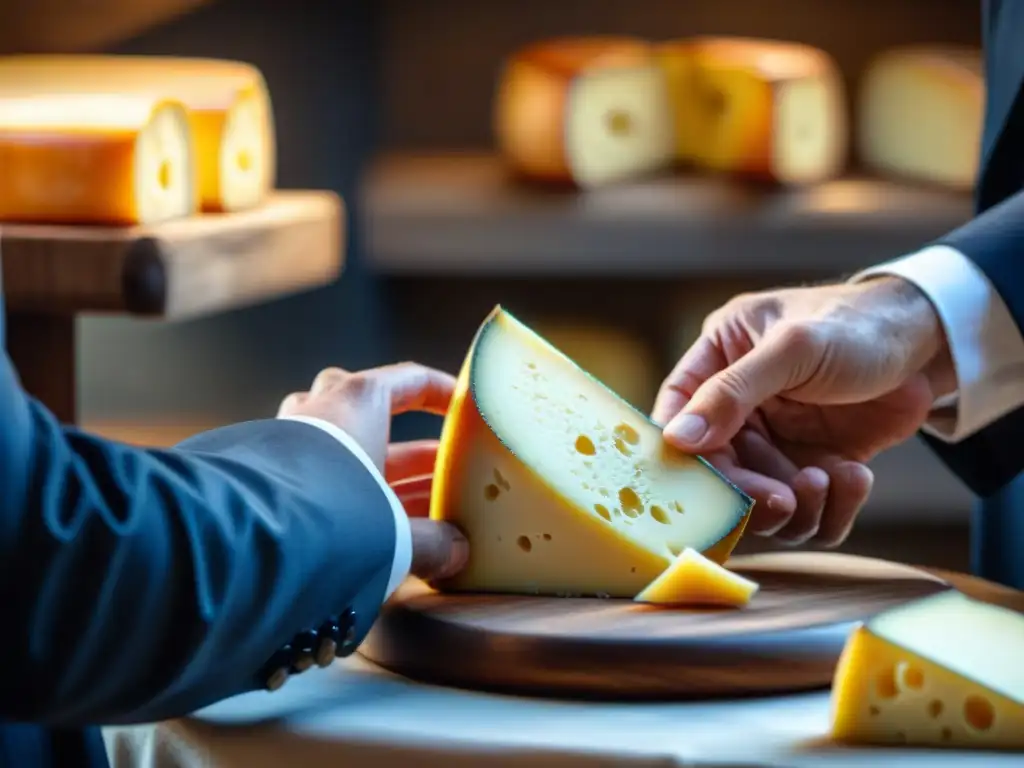 Juez examinando detalladamente una loncha de queso francés en concurso vinos quesos franceses maridaje