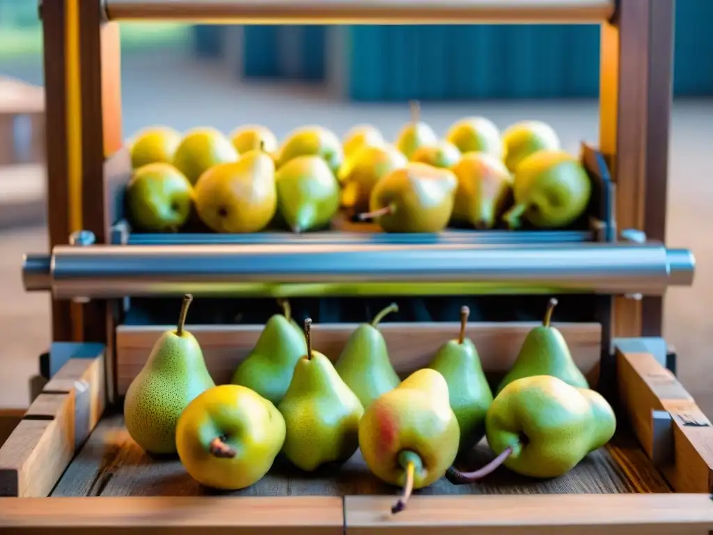 El jugo dorado de peras frescas fluye de una prensa de madera, en la elaboración artesanal de sidra de pera en Normandía