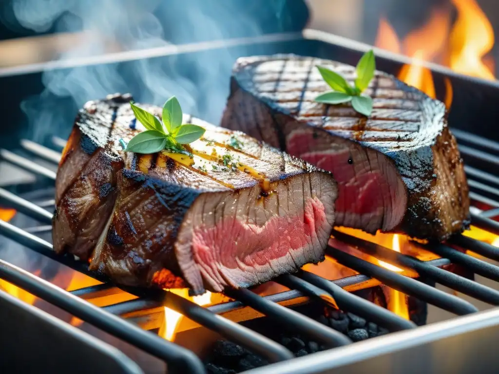 Dos jugosos Chateaubriand y Filet Mignon perfectamente cocidos en la parrilla, con marcas doradas brillantes