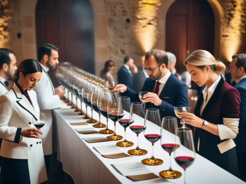 Jurados expertos en concursos de vino francés evalúan con concentración copas de vino tinto en una elegante competencia