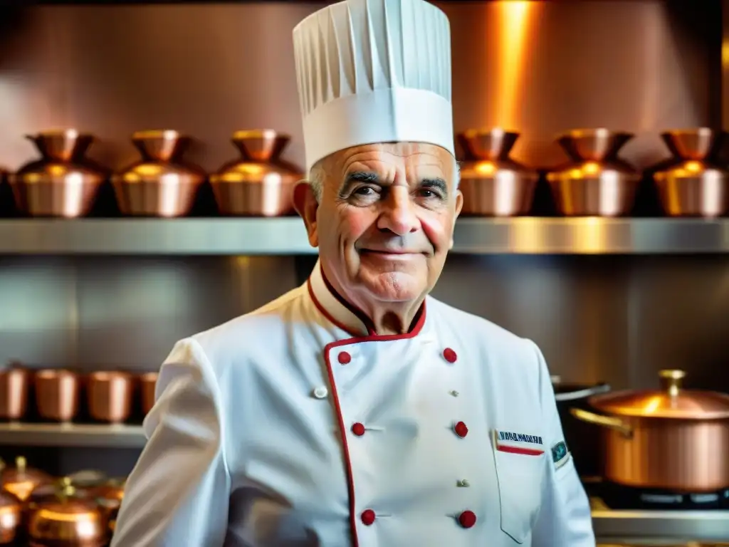 Legado de Paul Bocuse en una cocina francesa tradicional, llena de chefs y ollas de cobre brillantes, exudando pasión por la Nouvelle Cuisine